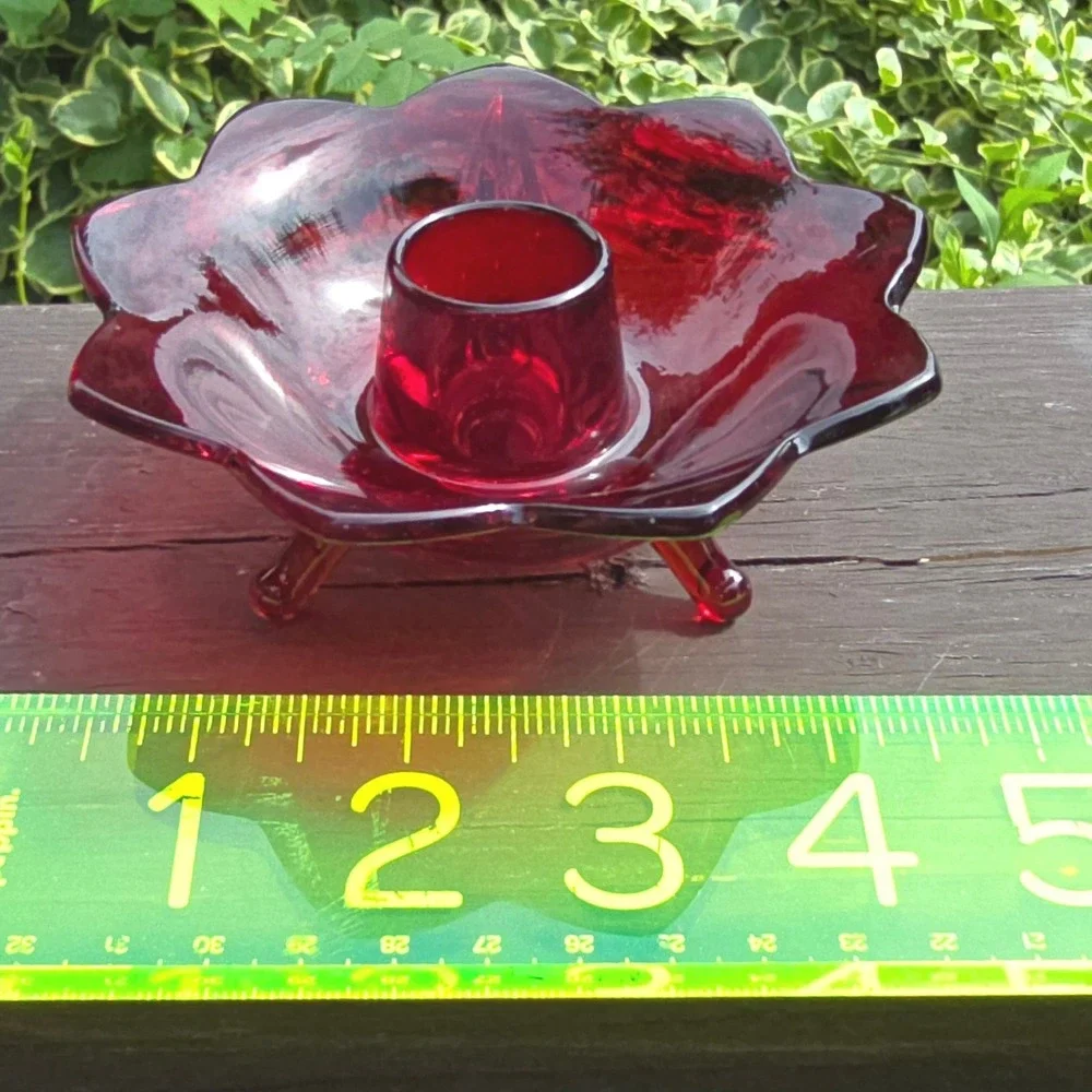 Vintage Ruby Red Glass 3 Footed Candle Holder Dish Scalloped Petal Rim